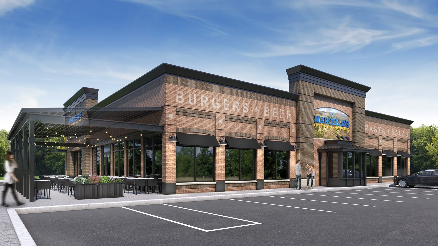 Marcello's at 1850 Walkley Road, with the patio and parking lot