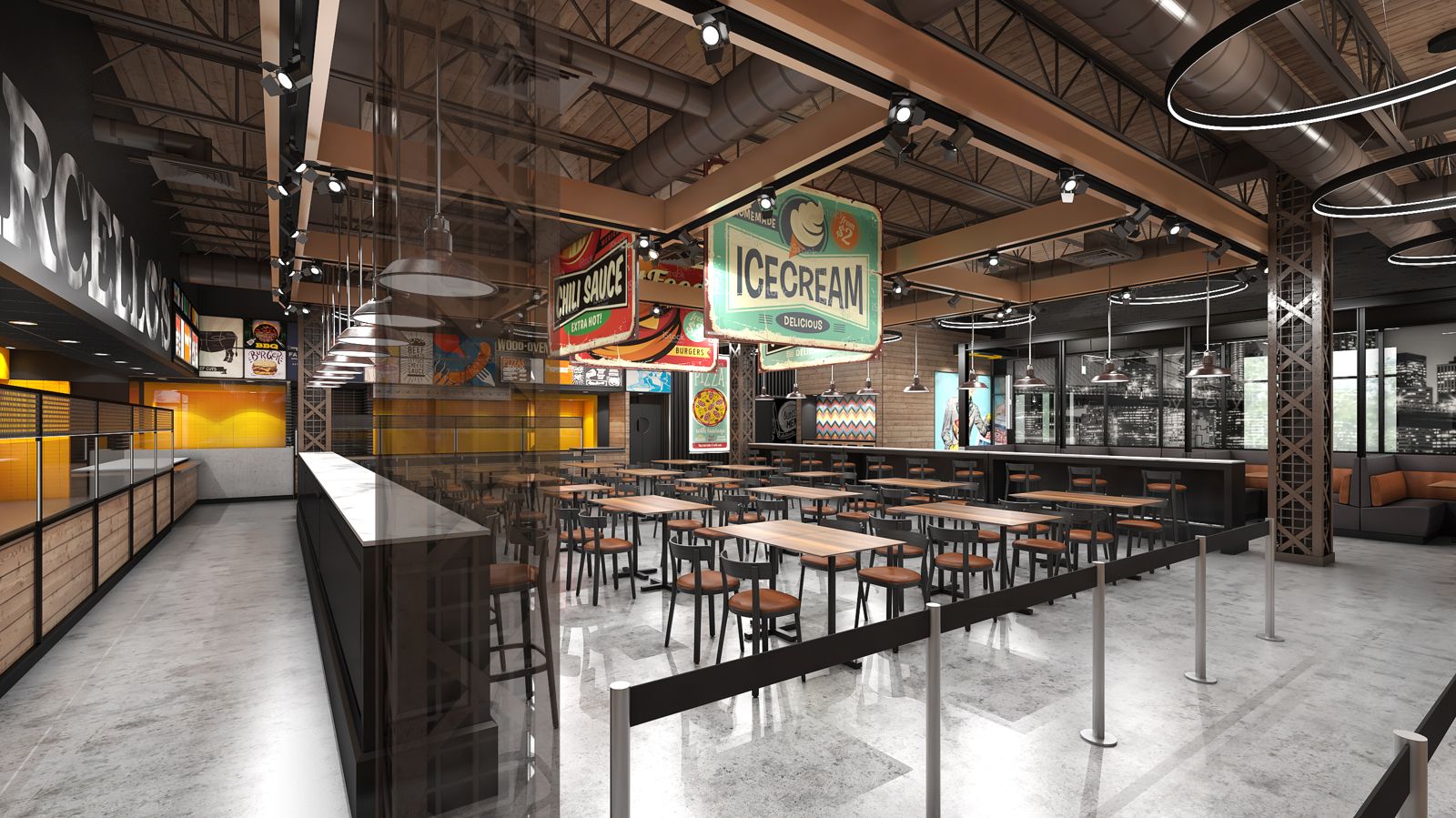 Inside Marcello's: the counter, dining tables and hanging signs