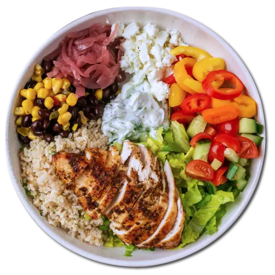 Chicken protein bowl with rice, corn, black beans, peppers and tzatziki